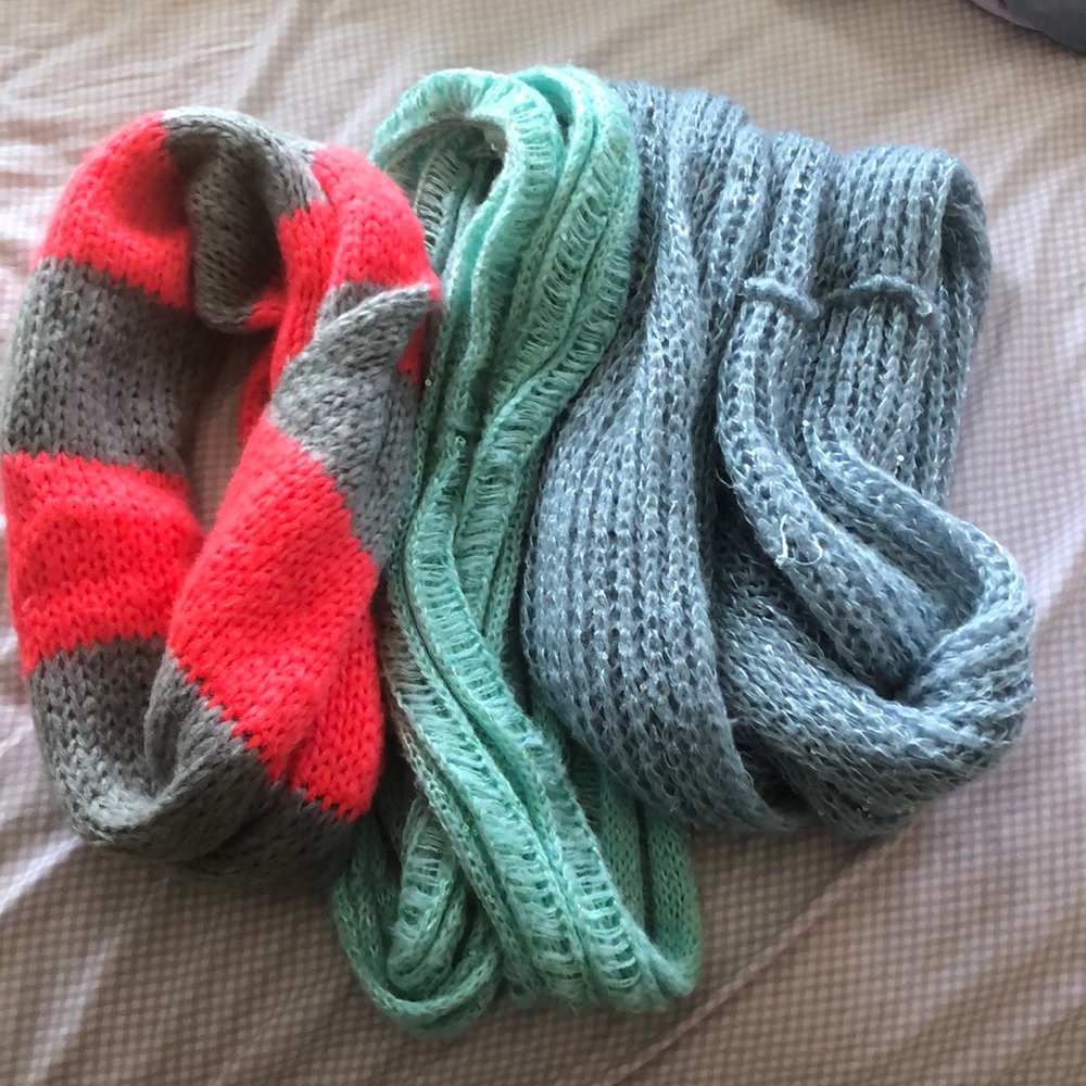 Infinity scarves (3) pink and gray, blue, & green